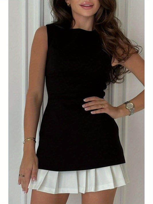 Fashion- forward Black Sleeveless Dress with a Trendy White Pleated Skirt Attachment