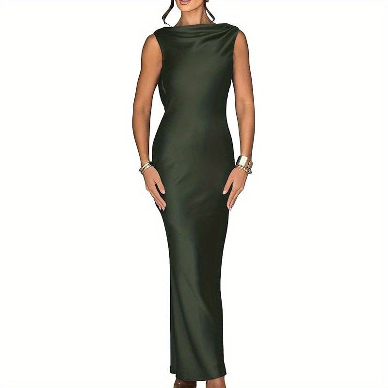 Memoriesea Women'S Satin Elegant Sleeveless High Neck Tie Cocktail Party Maxi Dress