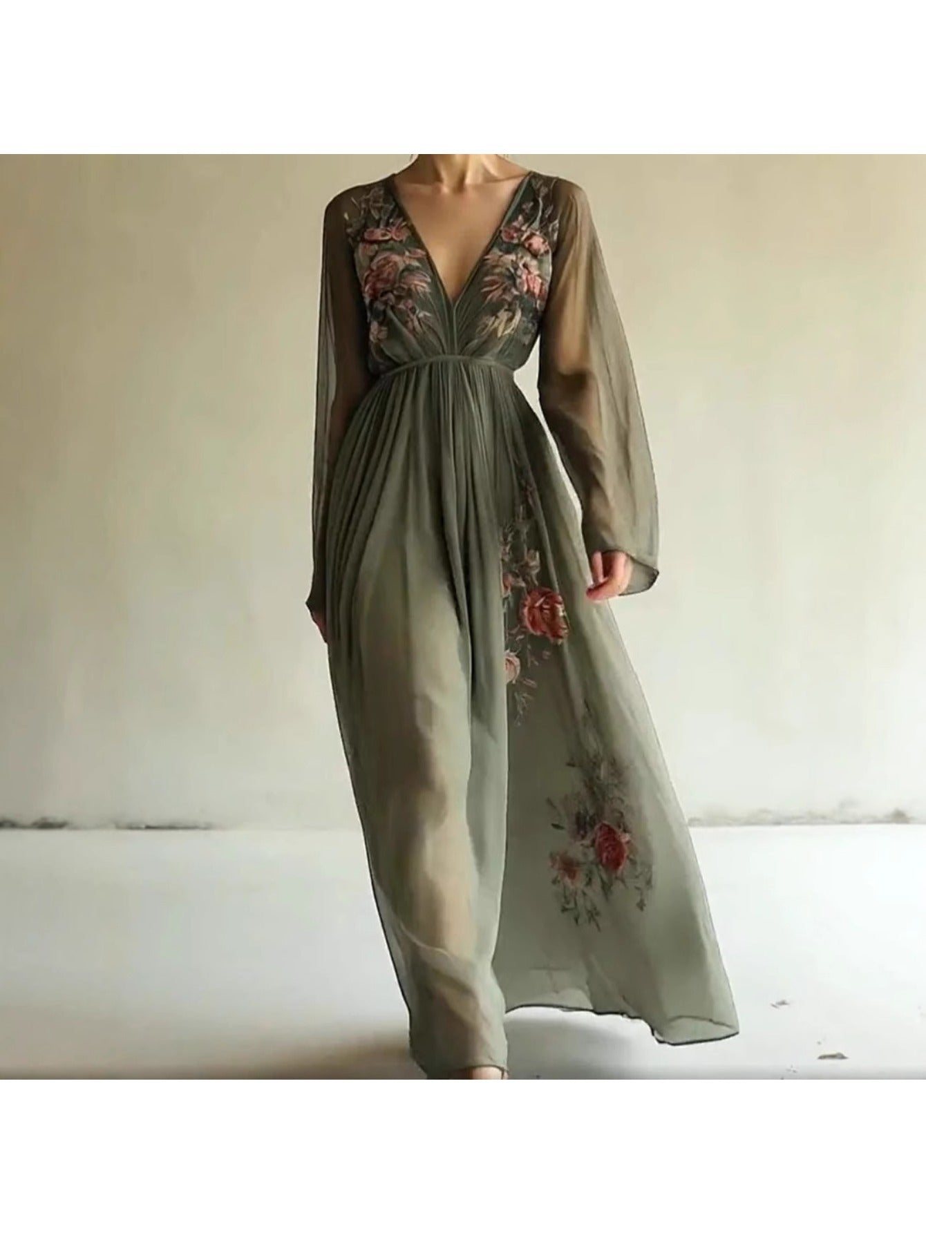 2025 European Women's Fashion Clothing - Digital Positioning Print - Long-sleeved Long-style V-neck Dress - Long Skirt