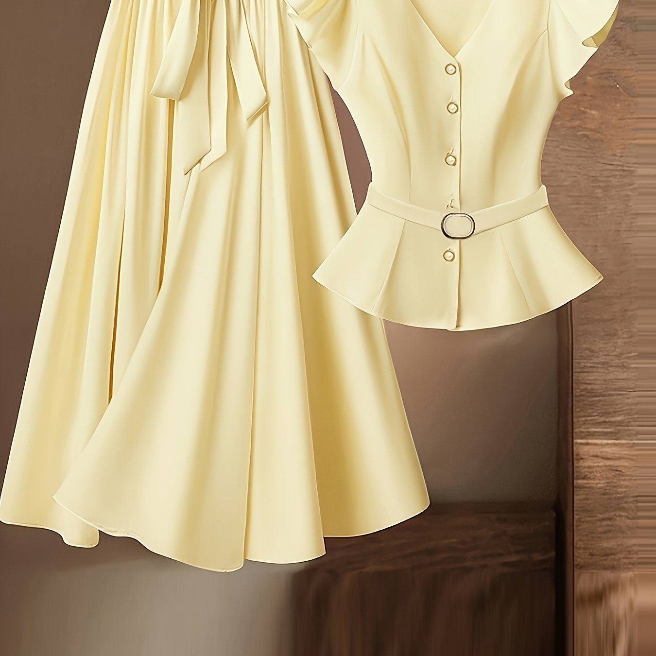 Women'S Elegant V-Neck Blouse with Ruffle Sleeves and Bow Tie Skirt Set - Solid Color, Button-Up, Polyester, All-Season Fashion, Casual to Formal Attire, Casual Attire|Ruffle Sleeve Top|Polyester Fabric
