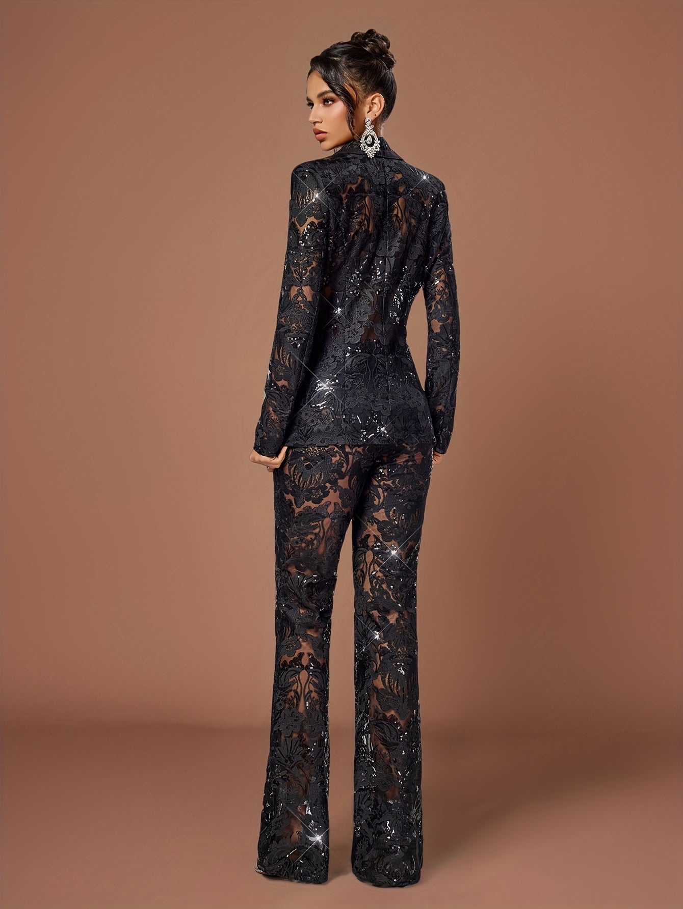 Chic Solid Color Bell-Bottom Trousers Paired with a Sophisticated Lace Suit.