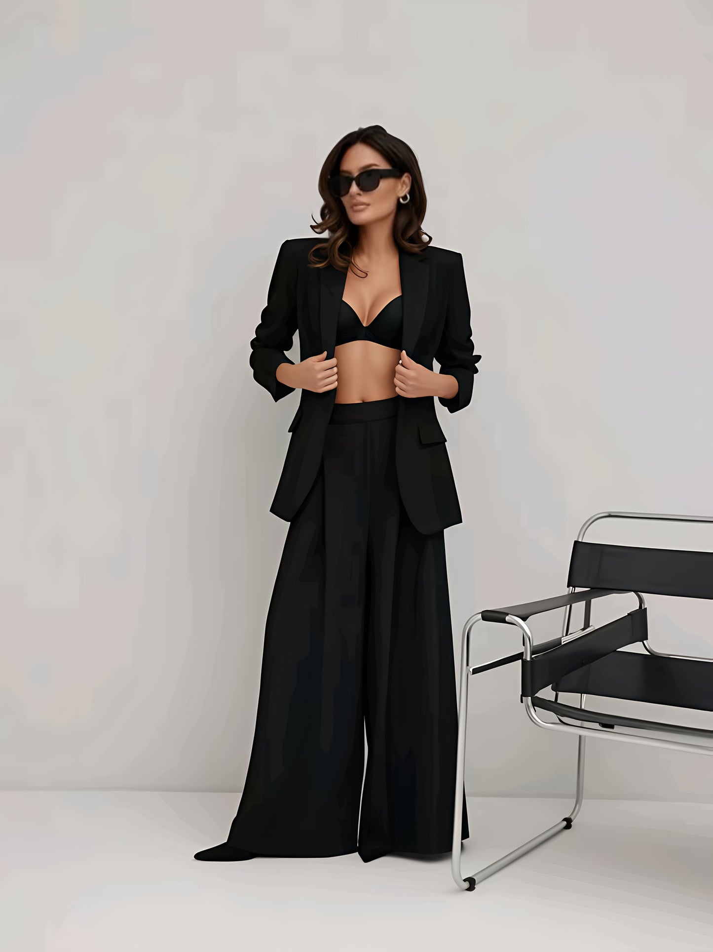 Elegant Light Luxury Suit Set with a Drapey Wide-Leg Pants and a Blazer Two-Piece Outfit
