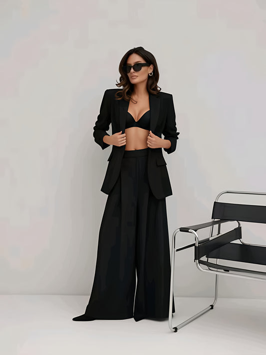 Elegant Light Luxury Suit Set with a Drapey Wide-Leg Pants and a Blazer Two-Piece Outfit