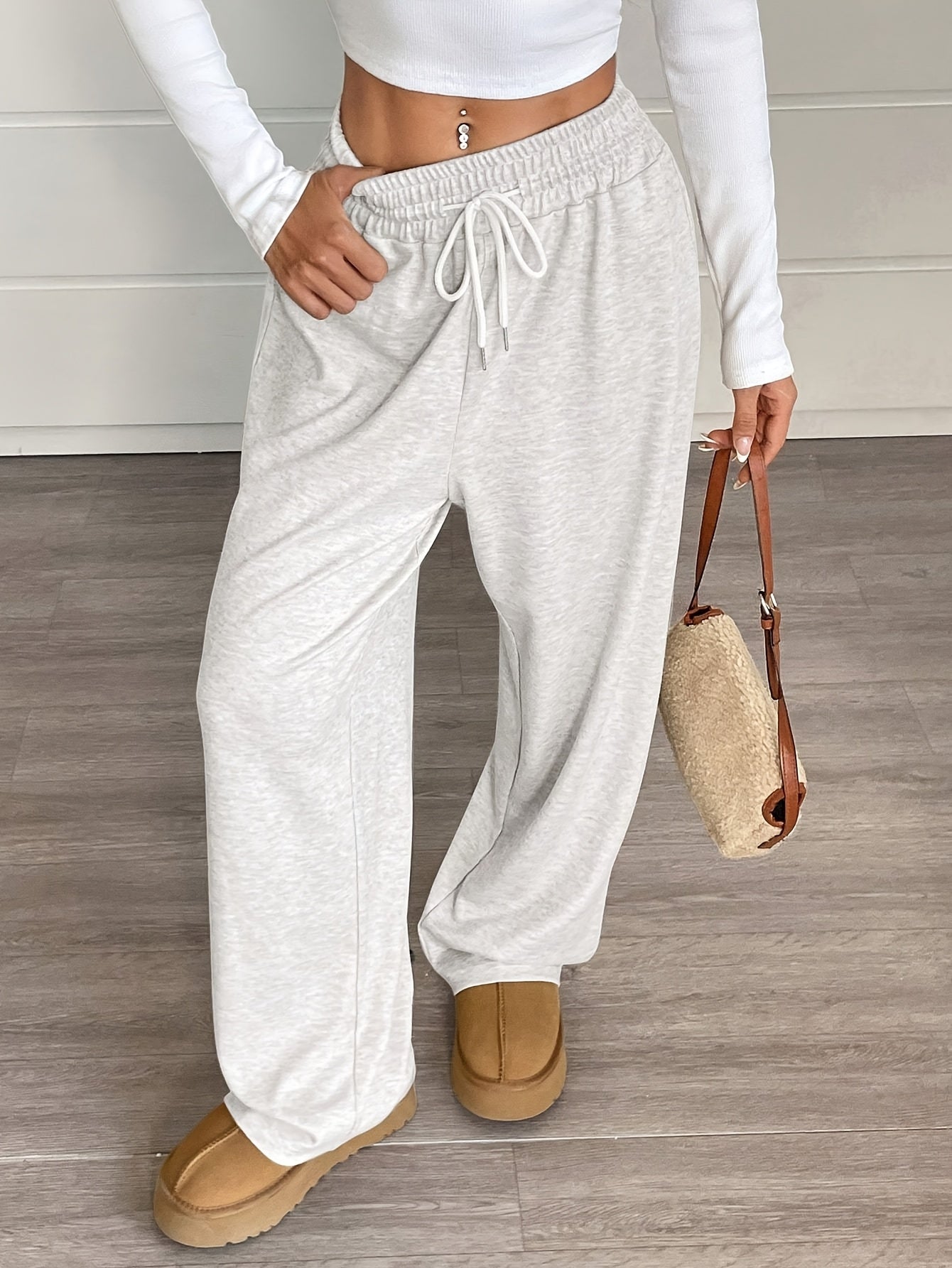 Comfortable Wide-Leg Joggers Comfortable Women's Casual Wide-Leg Joggers | Gray Drawstring Waist, Loose Fit, All-Season Comfort Pants | Medium Elasticity