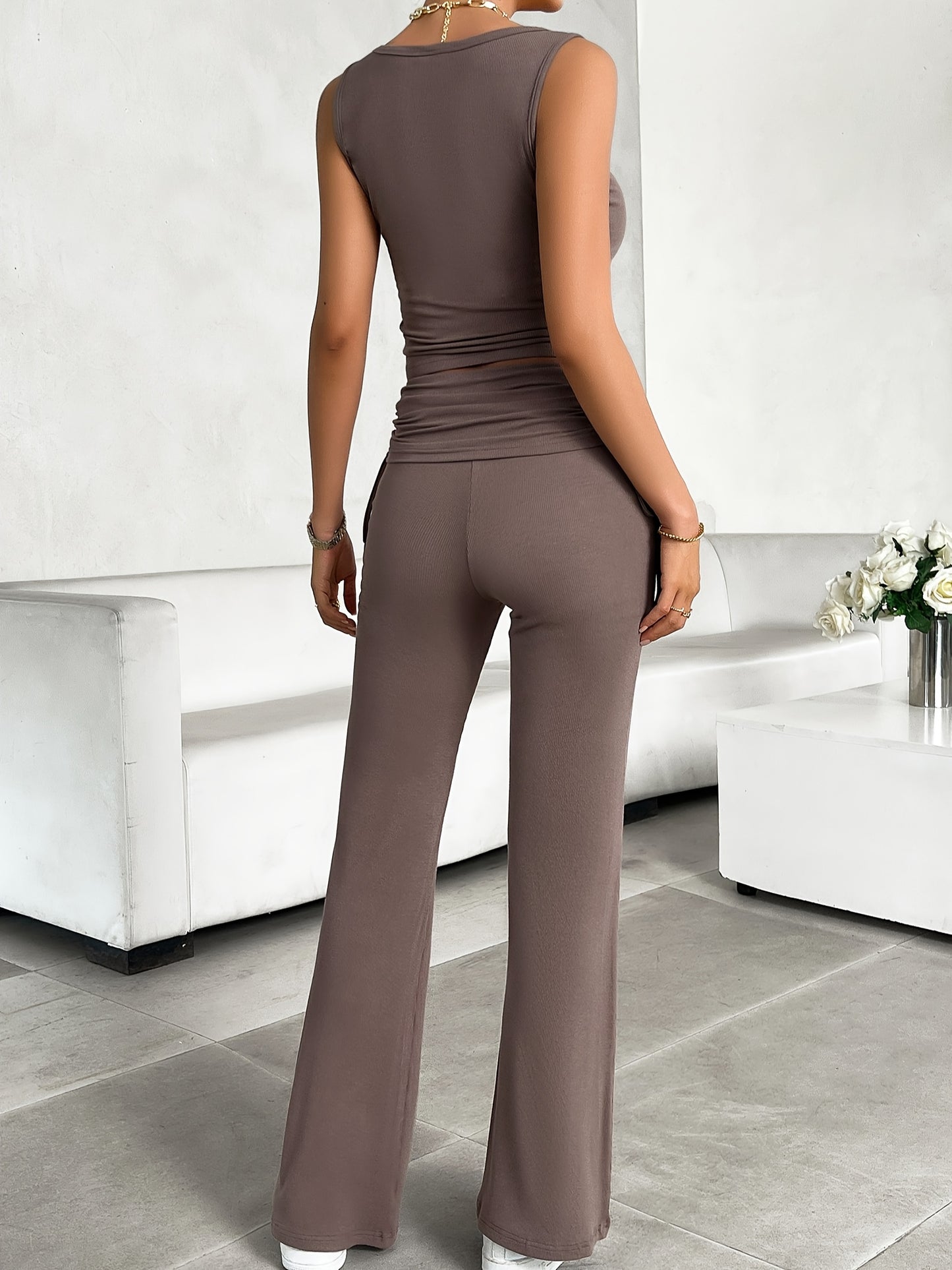 Summer Fashion Casual Suit, Women'S Slim Short Round Neck Sleeveless Vest Top + High Waist Slim Trousers Two-Piece Suit, Simple Casual Suit