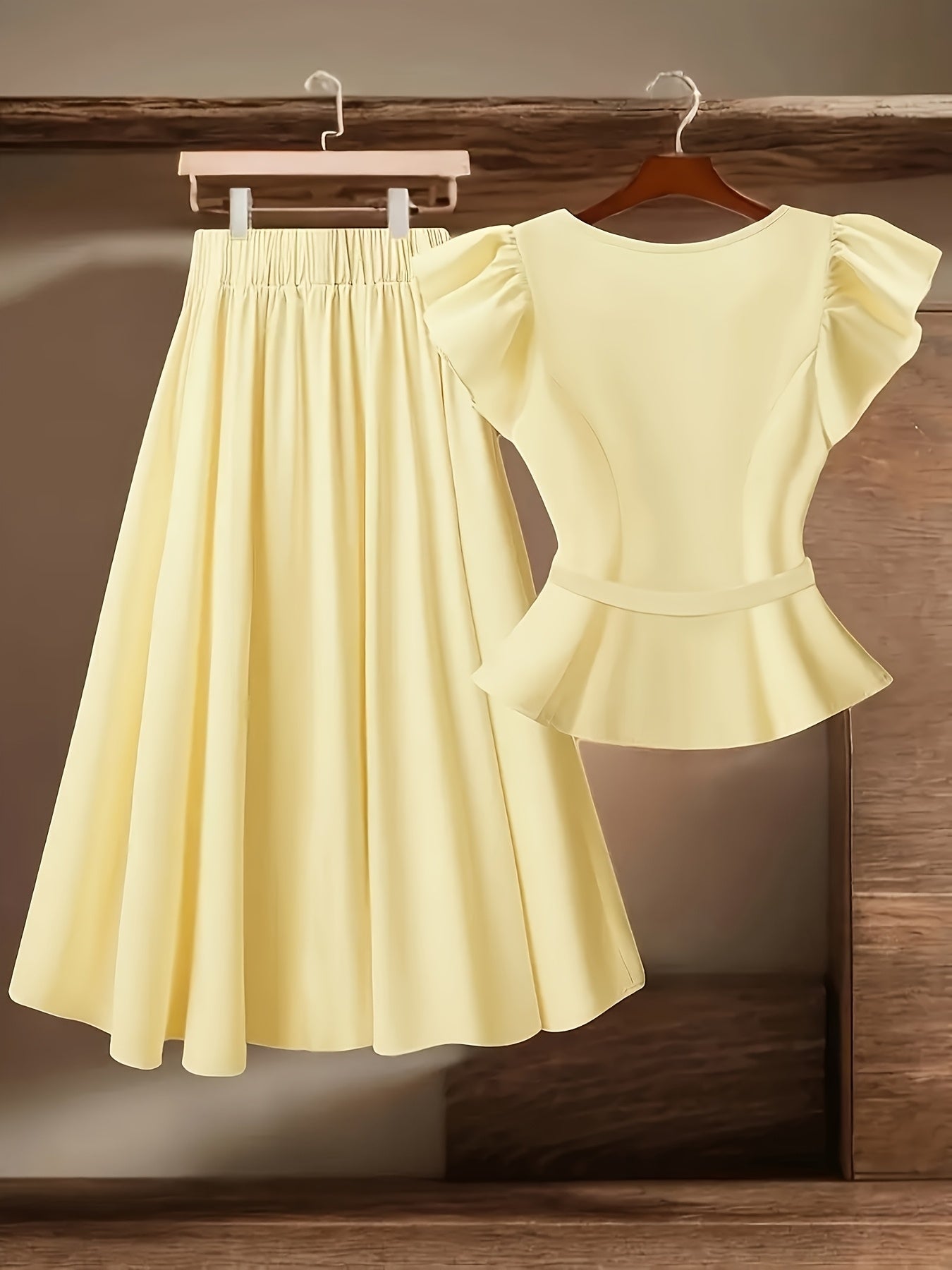 Women'S Elegant V-Neck Blouse with Ruffle Sleeves and Bow Tie Skirt Set - Solid Color, Button-Up, Polyester, All-Season Fashion, Casual to Formal Attire, Casual Attire|Ruffle Sleeve Top|Polyester Fabric