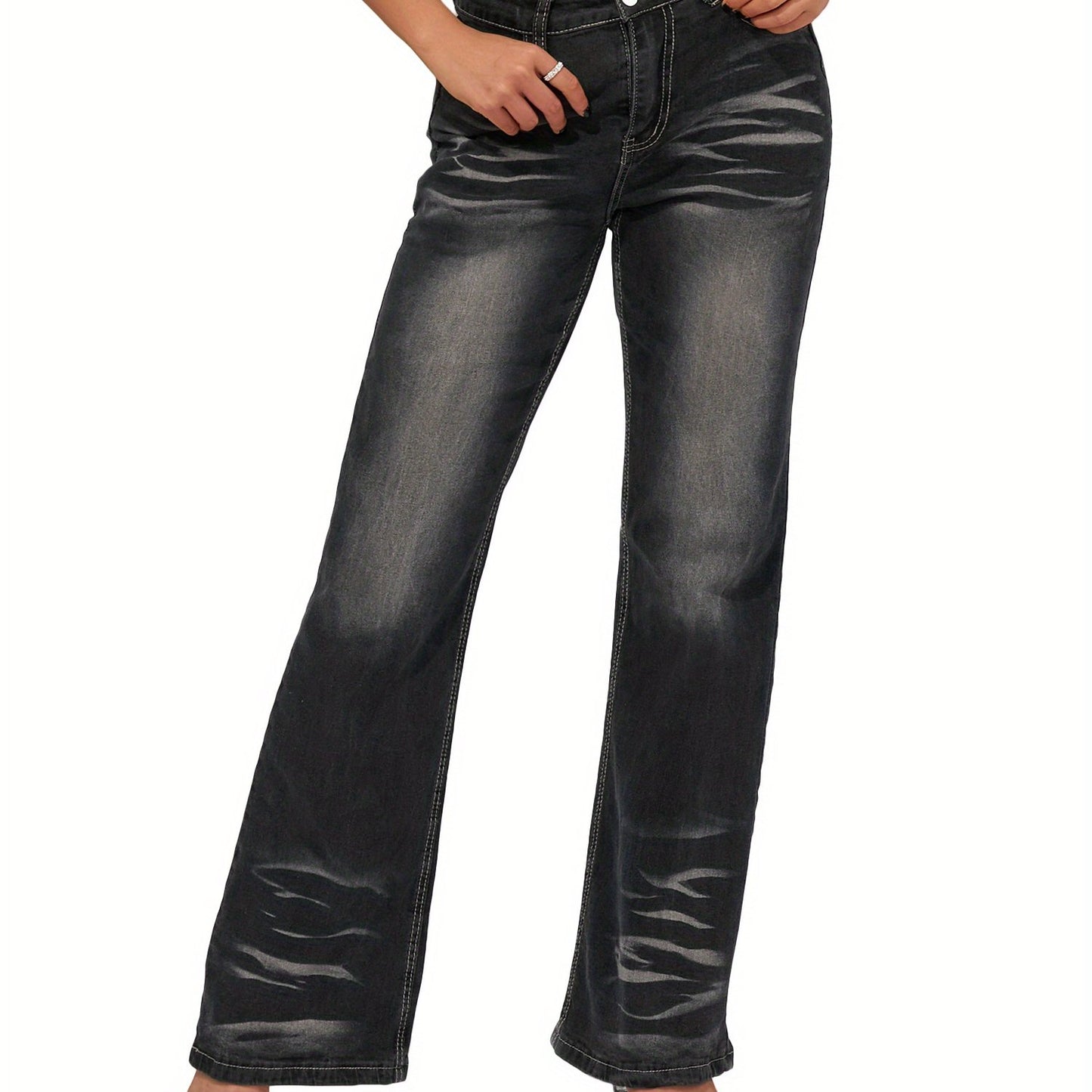 Women'S Polyester Flare Leg Faux Denim - Casual Street Style, Medium Stretch, Solid Color, Washed Detail, Wide-Leg Trousers for Spring\u002FFall