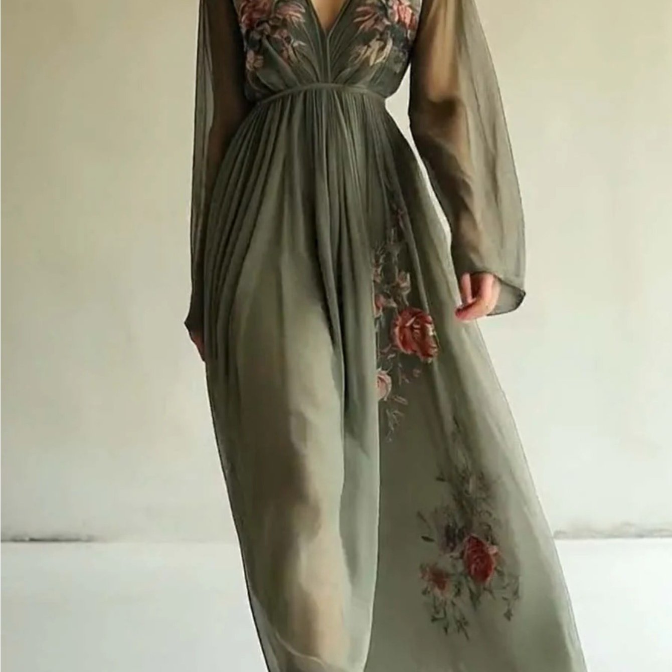 2025 European Women's Fashion Clothing - Digital Positioning Print - Long-sleeved Long-style V-neck Dress - Long Skirt