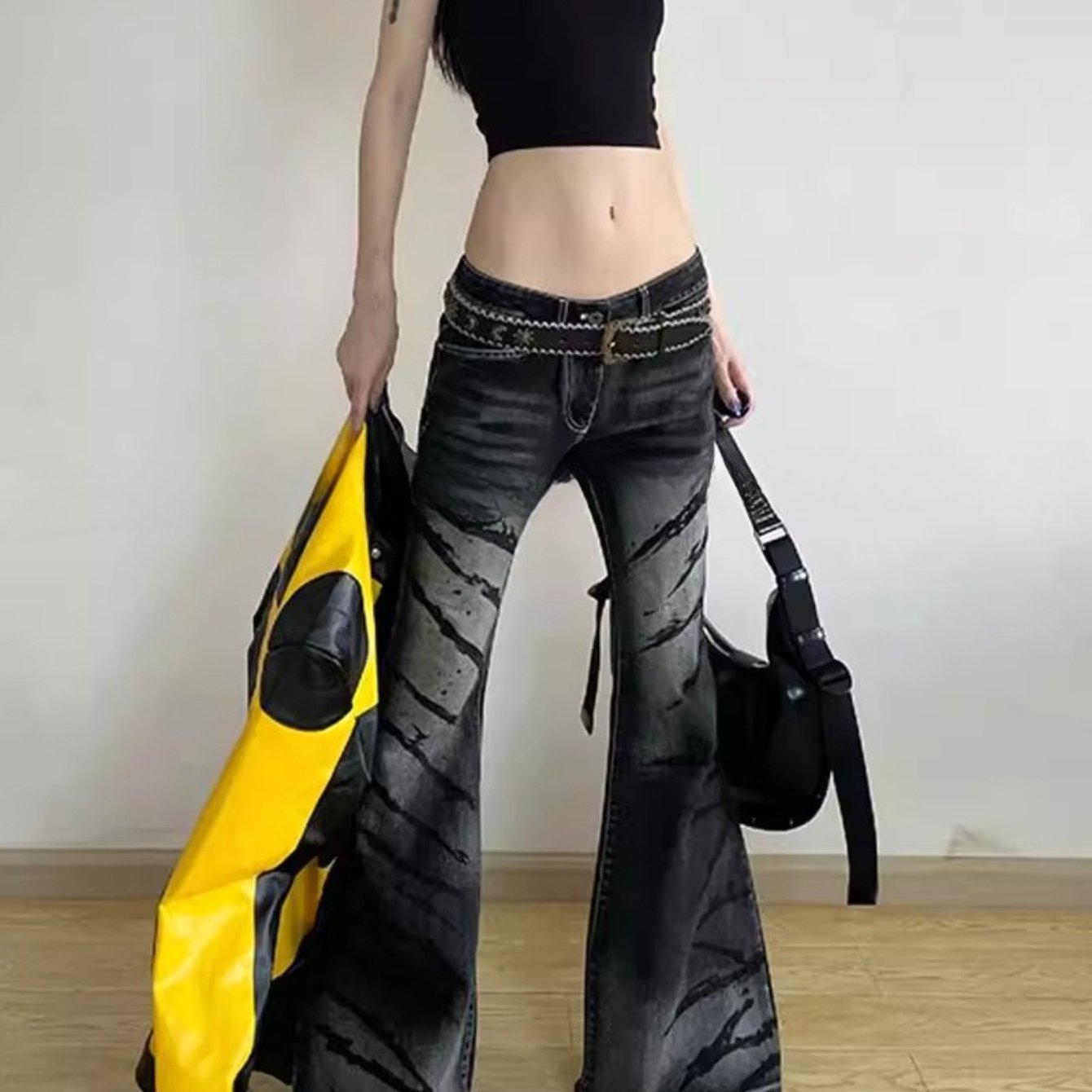 Women'S Retro Washed High-Waisted Flared Jeans - Y2K Kawaii Low-Rise Pants with Lace-Up Detail, Stretchy & Comfortable for Casual Outings, Spring\u002FFall Fashion, High Waisted Jeans, Fall Fashion, Durable Fabric
