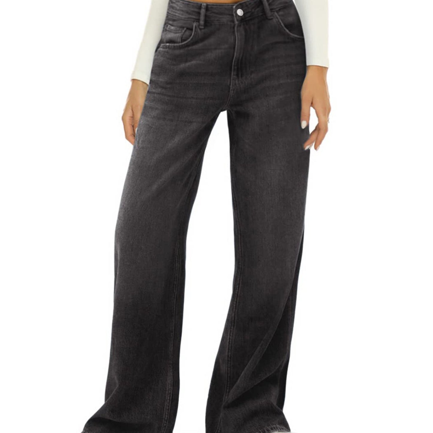 1pc Women'S High Waist Cotton Faux Denim Faux Denim - Casual Solid Color Straight Leg Pants with Button Detail, Side Pockets, All-Season Woven Loose Fit for Adults