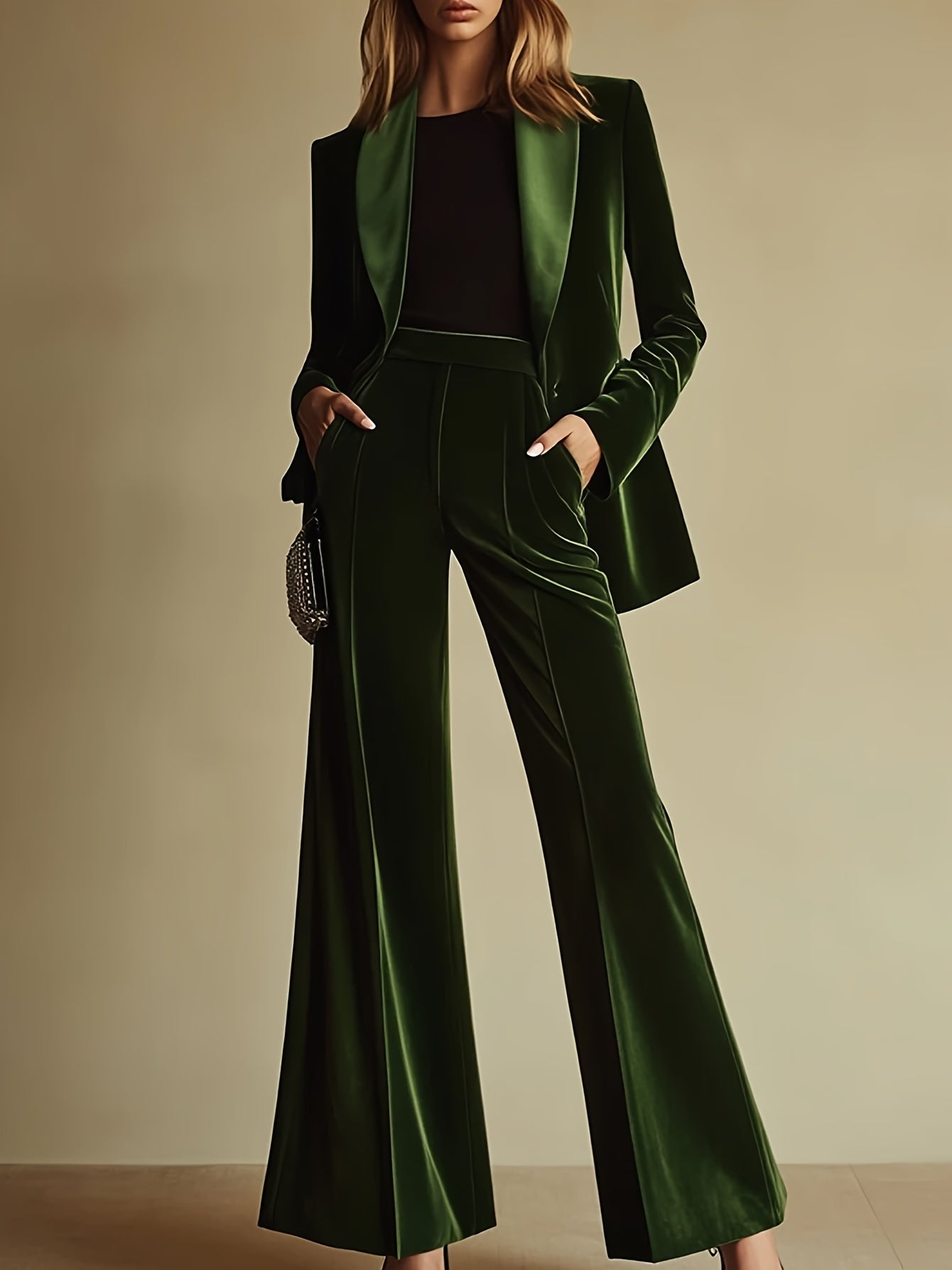 Vintage Velvet Suit Vintage Green Velvet Suit with Pockets | Elegant, Chic Urban Style, Loose Fit, Long Sleeve Shawl & Wide-Leg Pants, Perfect for Spring\u002FFall, Adult Women's Fashion, Stylish Accessories