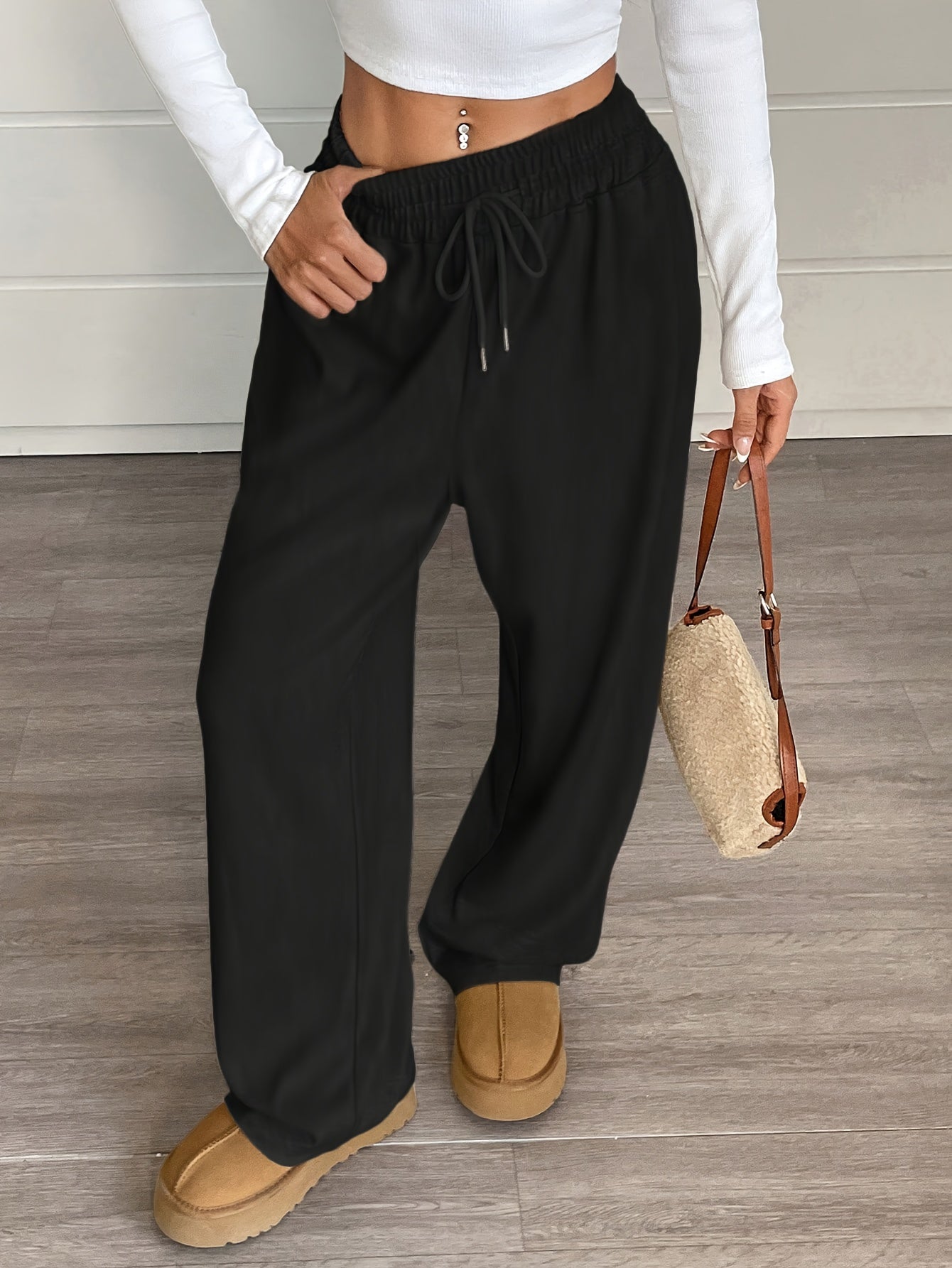Comfortable Wide-Leg Joggers Comfortable Women's Casual Wide-Leg Joggers | Gray Drawstring Waist, Loose Fit, All-Season Comfort Pants | Medium Elasticity