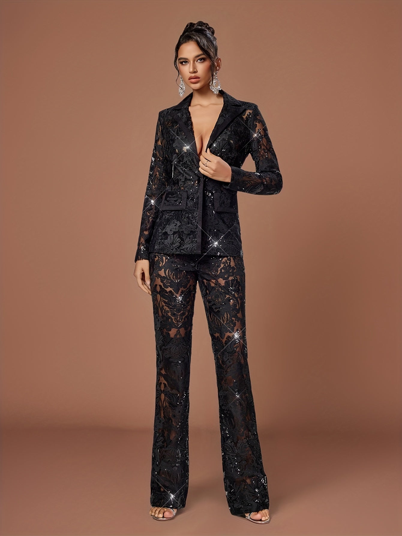 Chic Solid Color Bell-Bottom Trousers Paired with a Sophisticated Lace Suit.