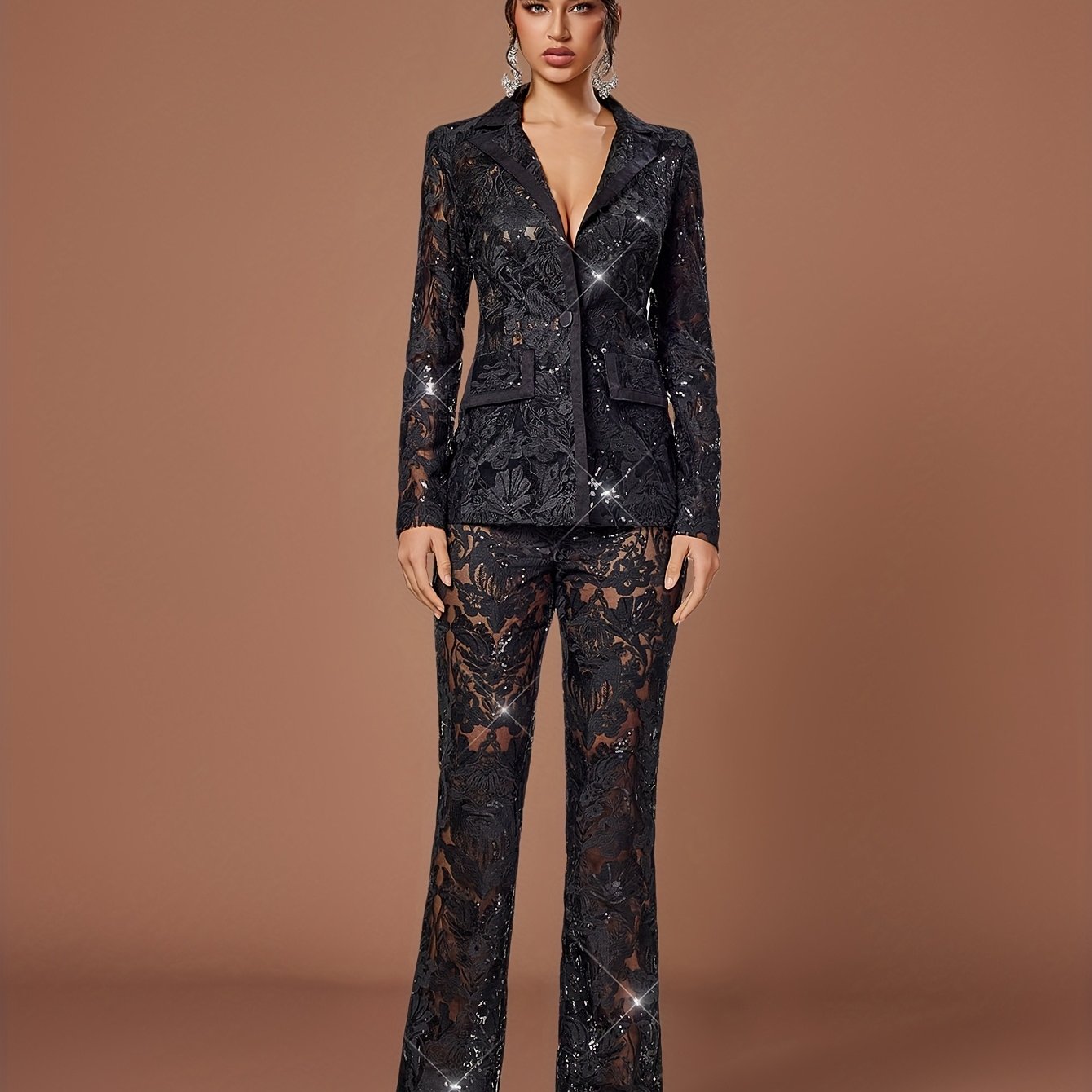 Chic Solid Color Bell-Bottom Trousers Paired with a Sophisticated Lace Suit.