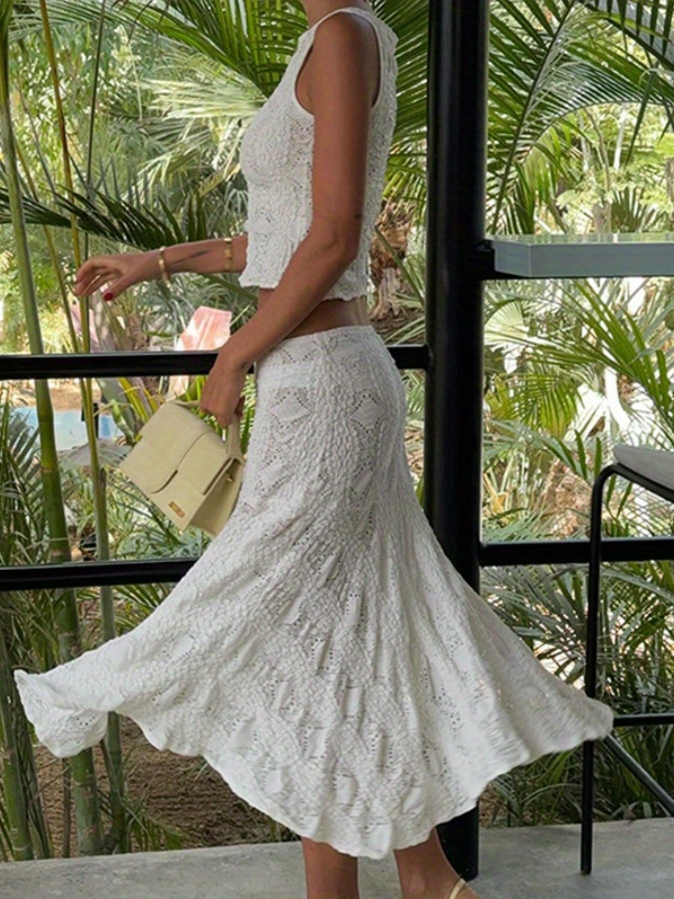 Women Lace Outfit, Sleeveless Crew Neck Tank Top with Low Waist Midi Skirt Summer Outfit 95%Polyester, 5%Elastane