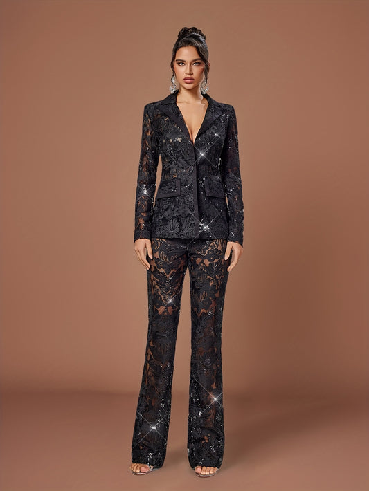 Chic Solid Color Bell-Bottom Trousers Paired with a Sophisticated Lace Suit.