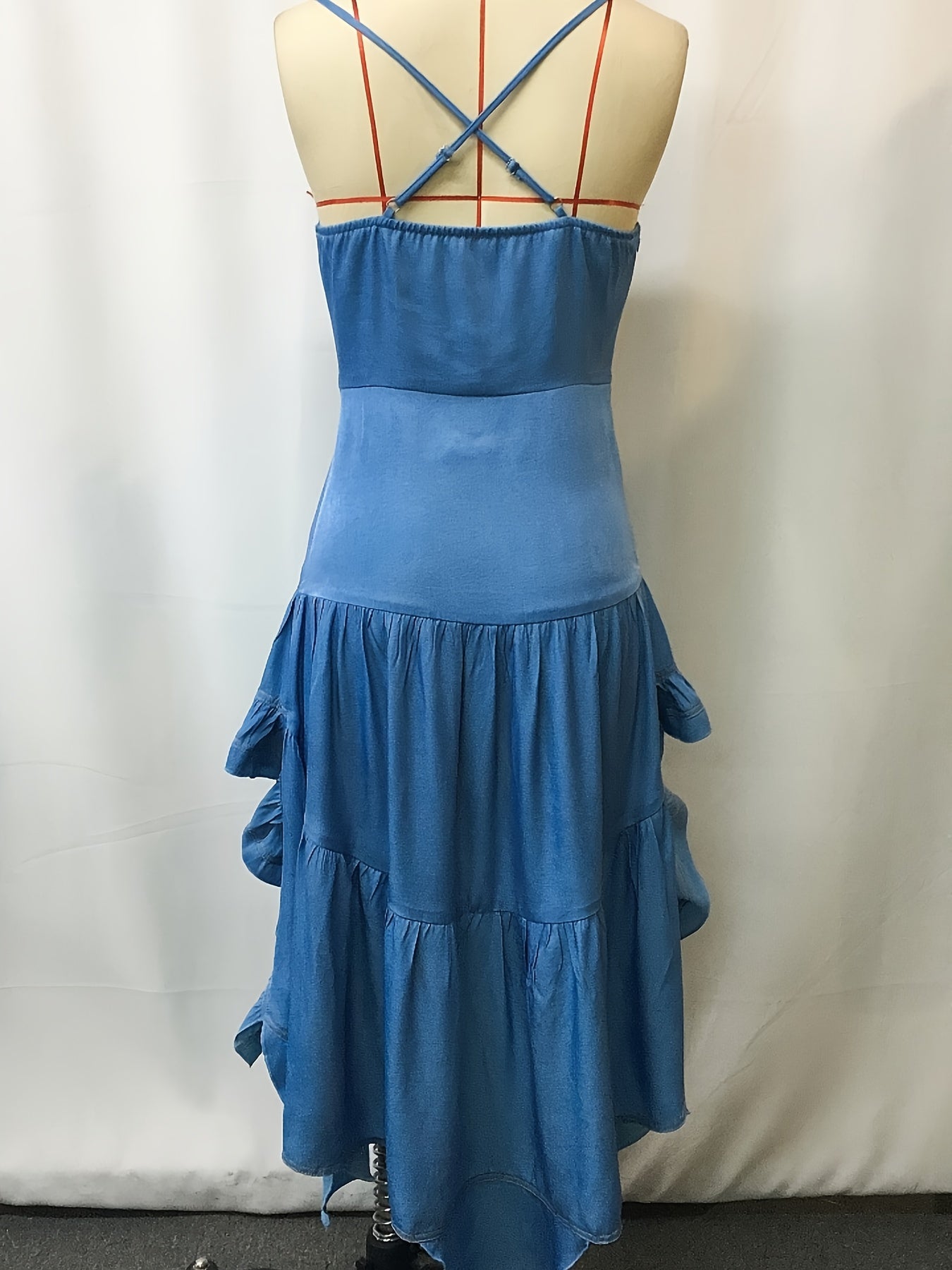 Women's Vintage Western Cowboy Style Denim Ruffle Hem Skirt, Sexy Deep-V Asymmetrical Midi Dress for Outdoor Photoshoots, Belt Not Included