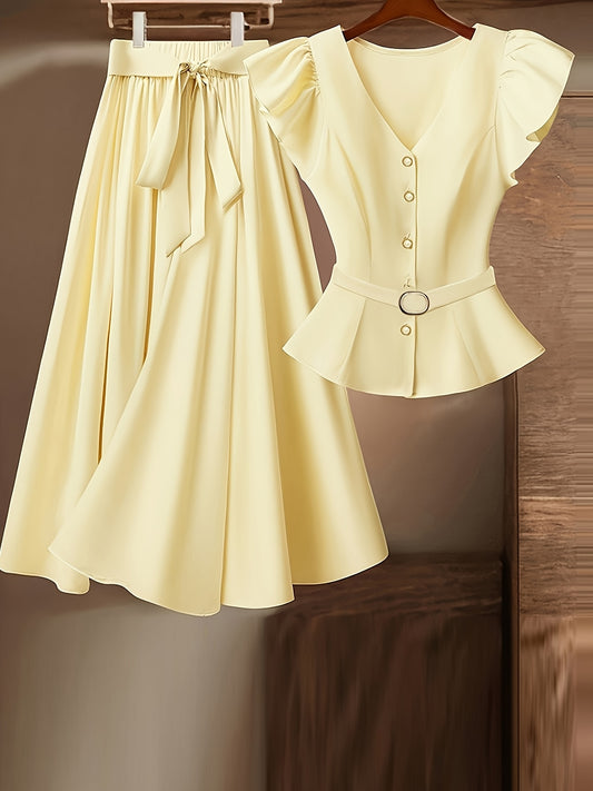 Women'S Elegant V-Neck Blouse with Ruffle Sleeves and Bow Tie Skirt Set - Solid Color, Button-Up, Polyester, All-Season Fashion, Casual to Formal Attire, Casual Attire|Ruffle Sleeve Top|Polyester Fabric