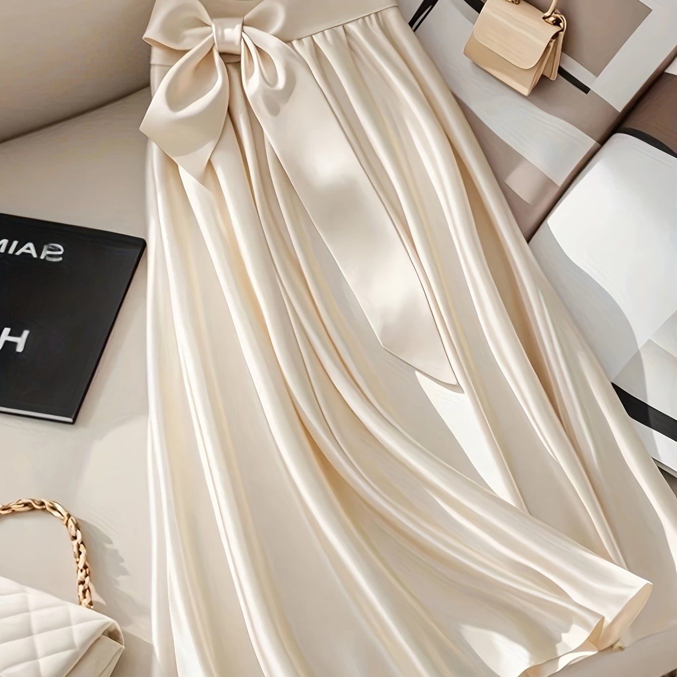 Women'S Elegant Pleated Midi Skirt with Bow Detail - Lightweight Stretchy Fabric for Spring\u002FSummer, Versatile Casual to Formal Wear, Hand Wash Only, Versatile Skirt | Spring Fashion | Flowing Design