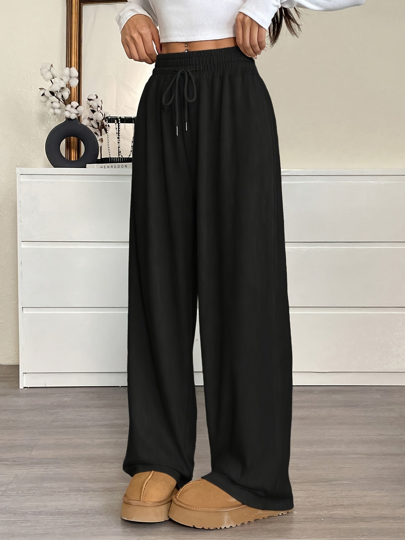 Comfortable Wide-Leg Joggers Comfortable Women's Casual Wide-Leg Joggers | Gray Drawstring Waist, Loose Fit, All-Season Comfort Pants | Medium Elasticity