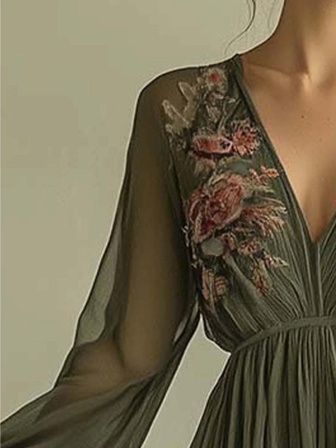 2025 European Women's Fashion Clothing - Digital Positioning Print - Long-sleeved Long-style V-neck Dress - Long Skirt