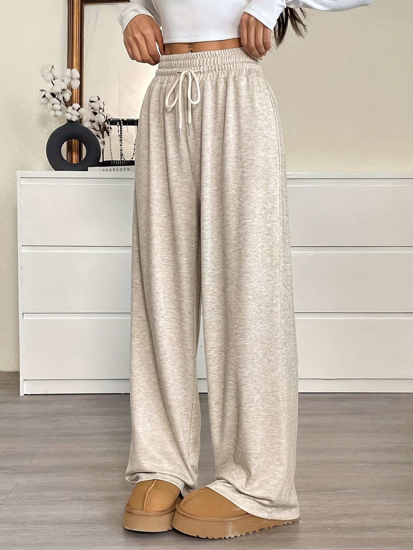 Comfortable Wide-Leg Joggers Comfortable Women's Casual Wide-Leg Joggers | Gray Drawstring Waist, Loose Fit, All-Season Comfort Pants | Medium Elasticity