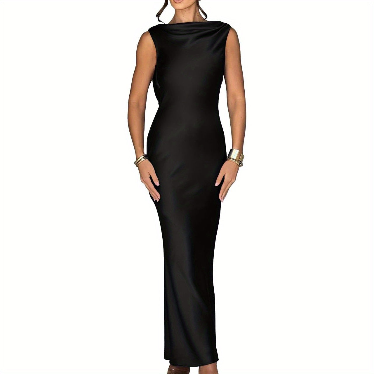 Memoriesea Women'S Satin Elegant Sleeveless High Neck Tie Cocktail Party Maxi Dress