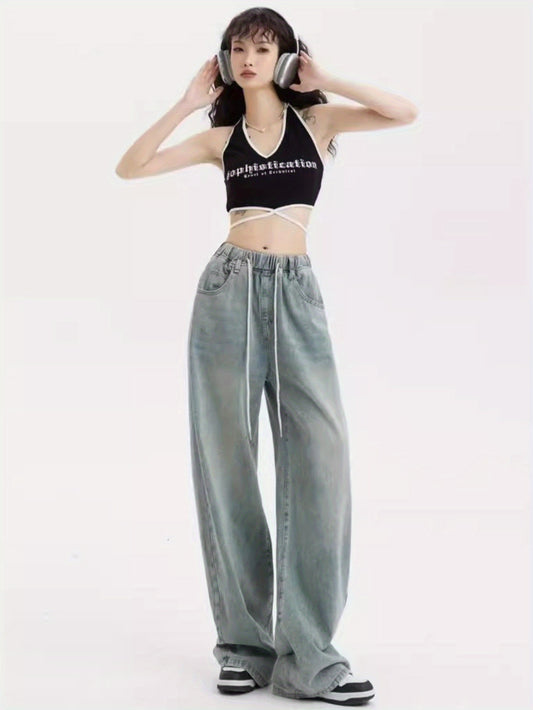 Women's Vintage High-Waisted Straight Leg Jeans - Non-Stretchy Denim Pants with Drawstring Waist, Flowy Floor-Length Trousers for a Fit, Casual Everyday & Formal Outfits (Non-Stretch Denim)