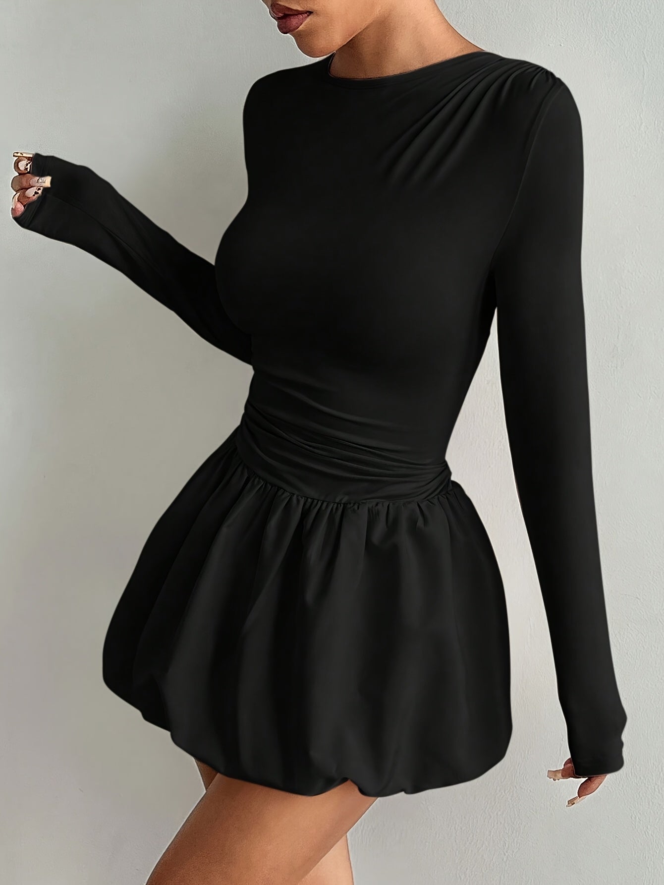Women's Sexy Fit & Flare Pleated Mini Dress - Polyester Crew Neck Long Sleeve, Solid Color Black, Medium Stretch, Spring\u002FFall Casual to Dressy Outfits, Fit And Flare Dress
