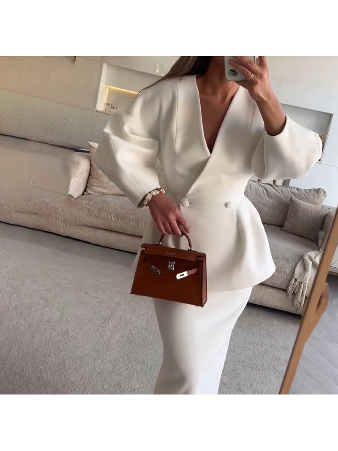2pcs Women's autumn new suits, fashionable solid color button puff sleeve skirt dress suit