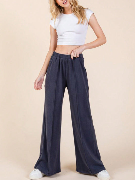 Women's Casual Wide-Leg Pants Essential Elastic Waist Lounge Pants With Pockets Navy Relaxed Fit Elastic Waistband Lightweight Perfect For All Seasons Everyday Wear