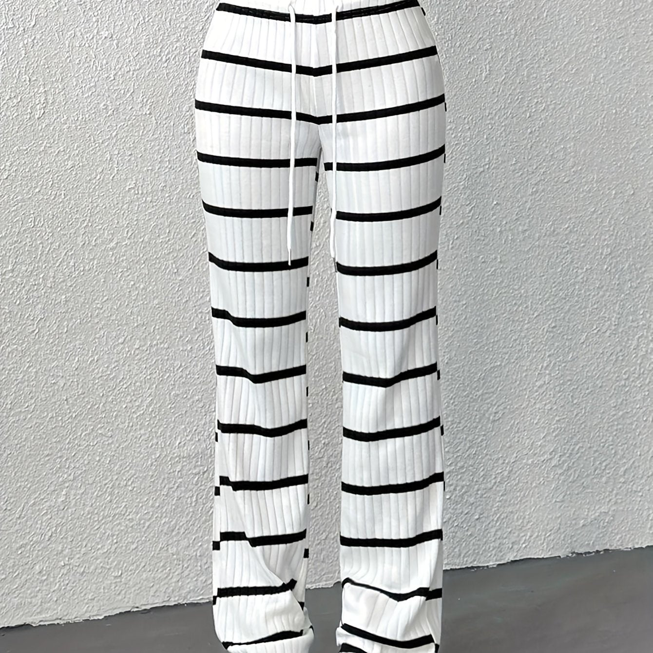 Women's Elegant and Simple High-Waisted Black and White Striped Drawstring Straight-Leg Pants
