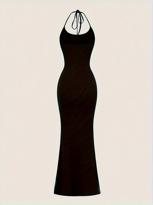 Sleek Sexy Solid Color Halter Neck Dress, Comfortable Sleeveless Slim Tie Back Women's Clothing