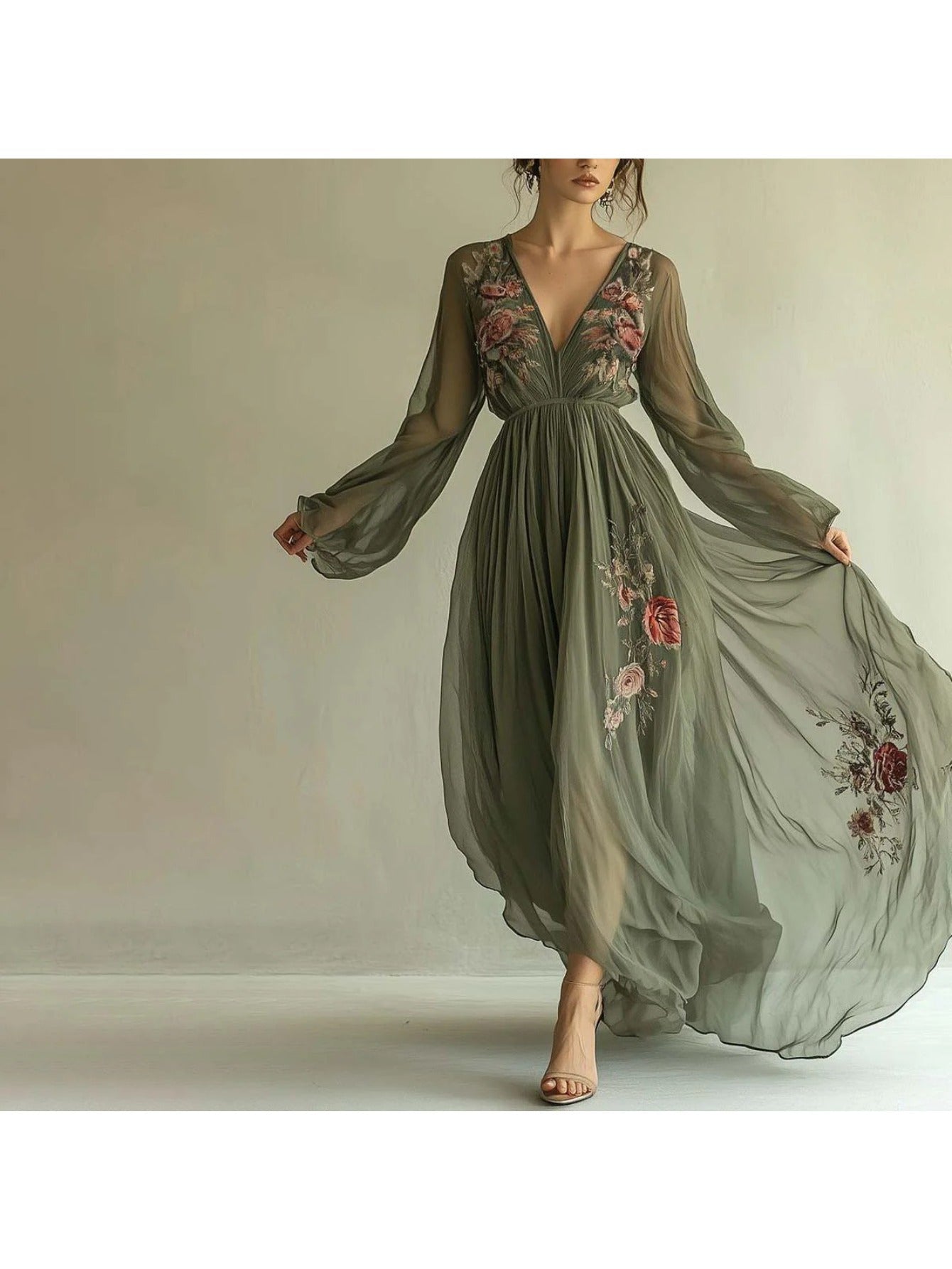 2025 European Women's Fashion Clothing - Digital Positioning Print - Long-sleeved Long-style V-neck Dress - Long Skirt
