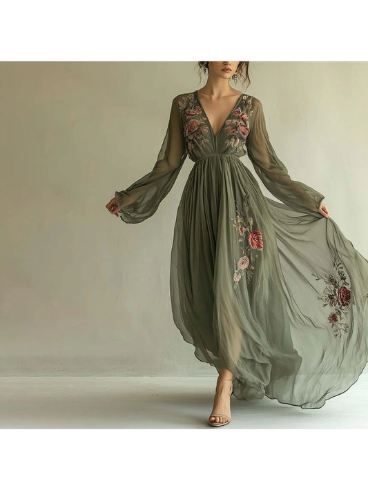 2025 European Women's Fashion Clothing - Digital Positioning Print - Long-sleeved Long-style V-neck Dress - Long Skirt