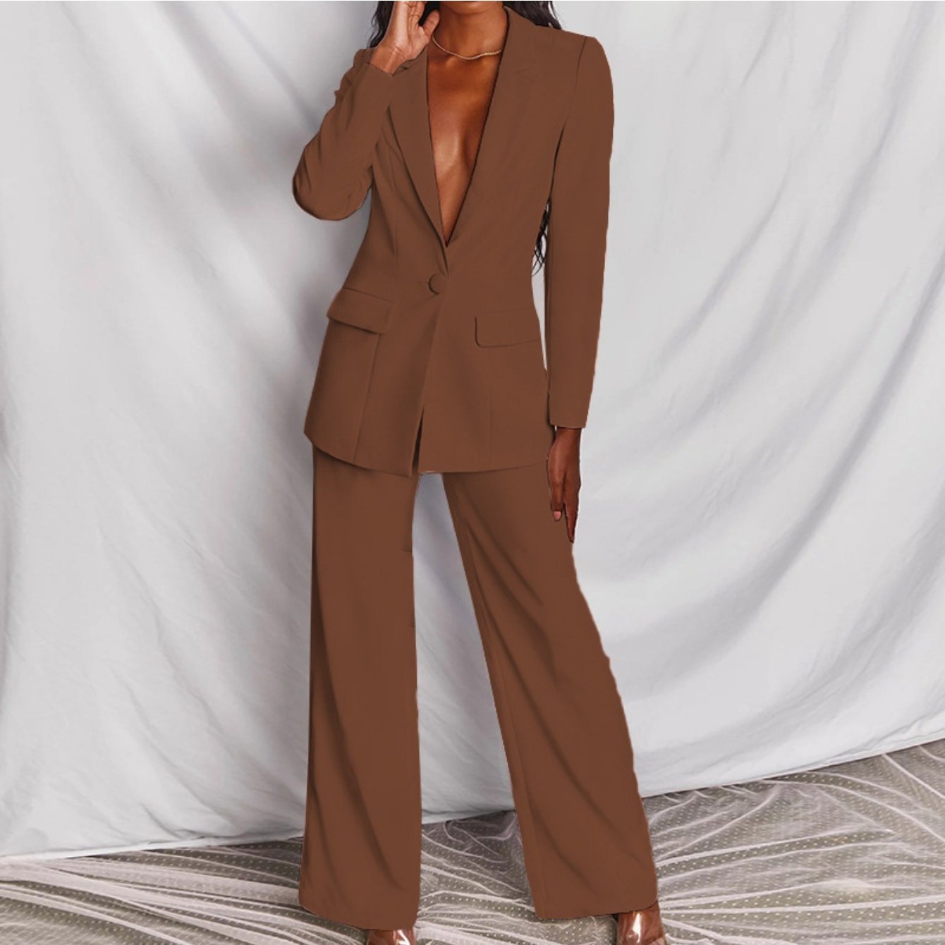 Plus Size, Plus Size - New Plus Size Women's Fashion Professional Suit, Casual Two-Piece Set, Solid Color, Non-Stretch Fabric, Casual Attire|Modern Casual Suit|Polyester Fabric