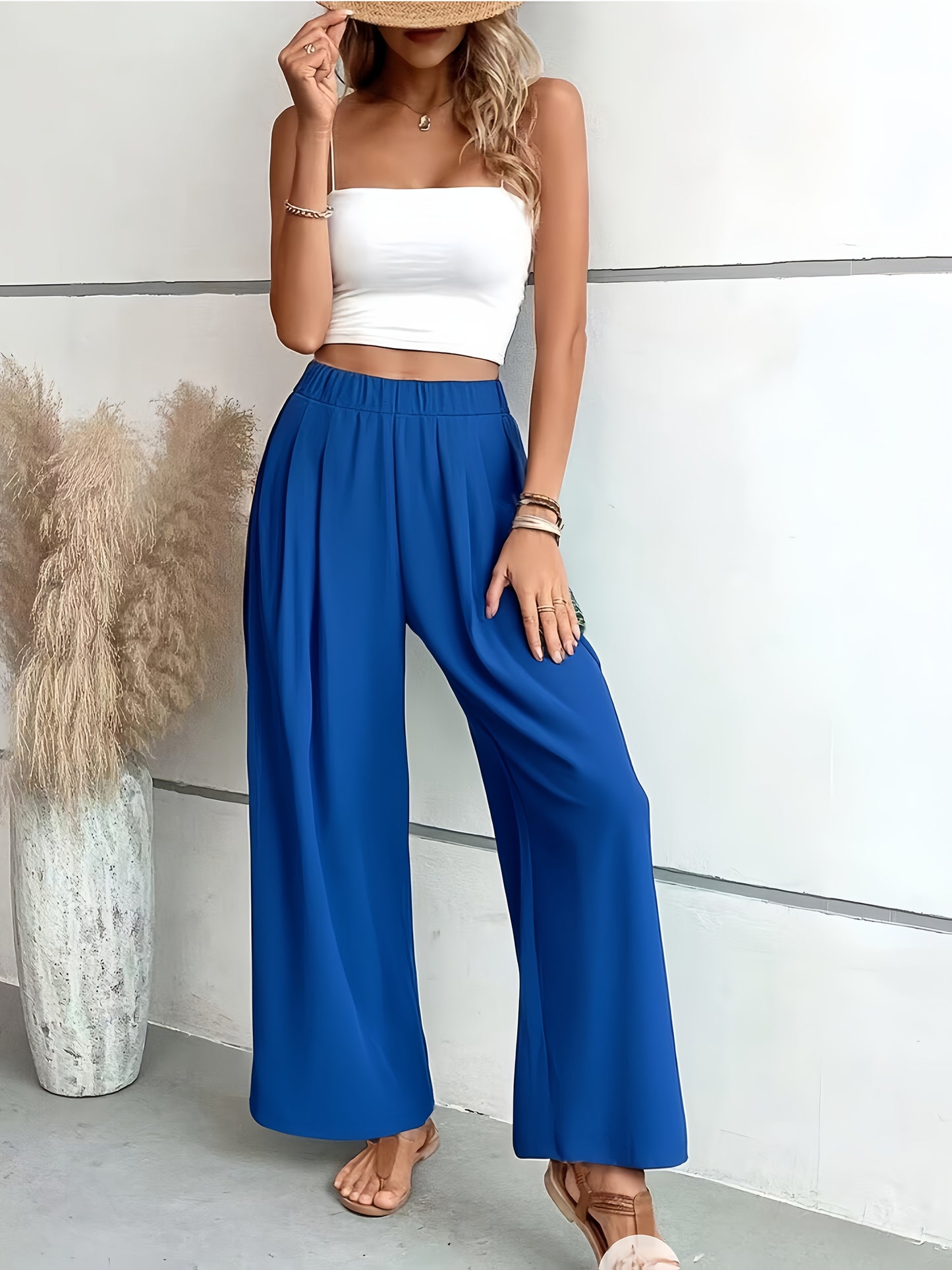 Women's Fashion European and American Cross-border Hot-selling New Versatile Solid Color Floor-length Wide-leg Pants Casual Pants In Stock