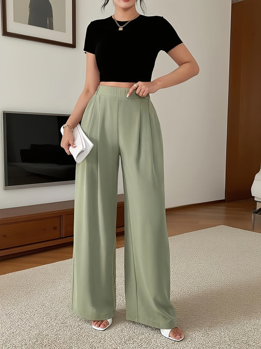 Women's Black & White Striped Elastic Waist Wide Leg Commuter Pants - Mid-Stretch Casual Trousers with Double Pockets, Regular Fit All-Season Comfort, Casual Attire, Medium Stretch Fabric