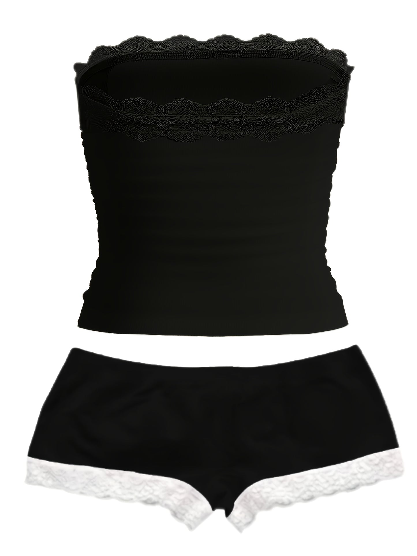 2pcs Fashion Set 2pcs Women's Off-Shoulder Contrast Lace Top and Casual Shorts Set