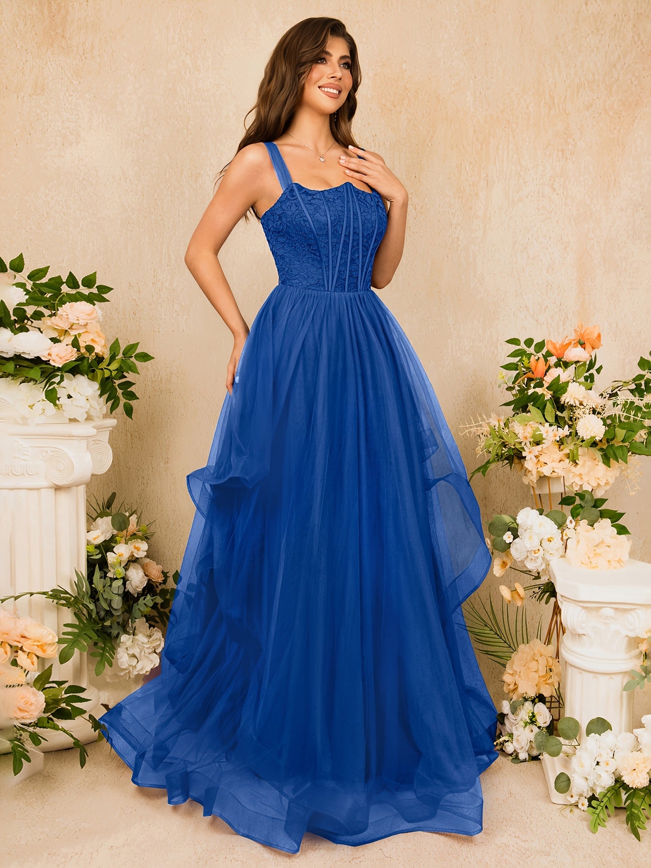 Elegant Blue Satin Sleeveless Bridesmaid Dress with High Waist and Ruffle Hem - Flowing A-Line Design for Weddings and Formal Events, Wedding Dresses for Bride