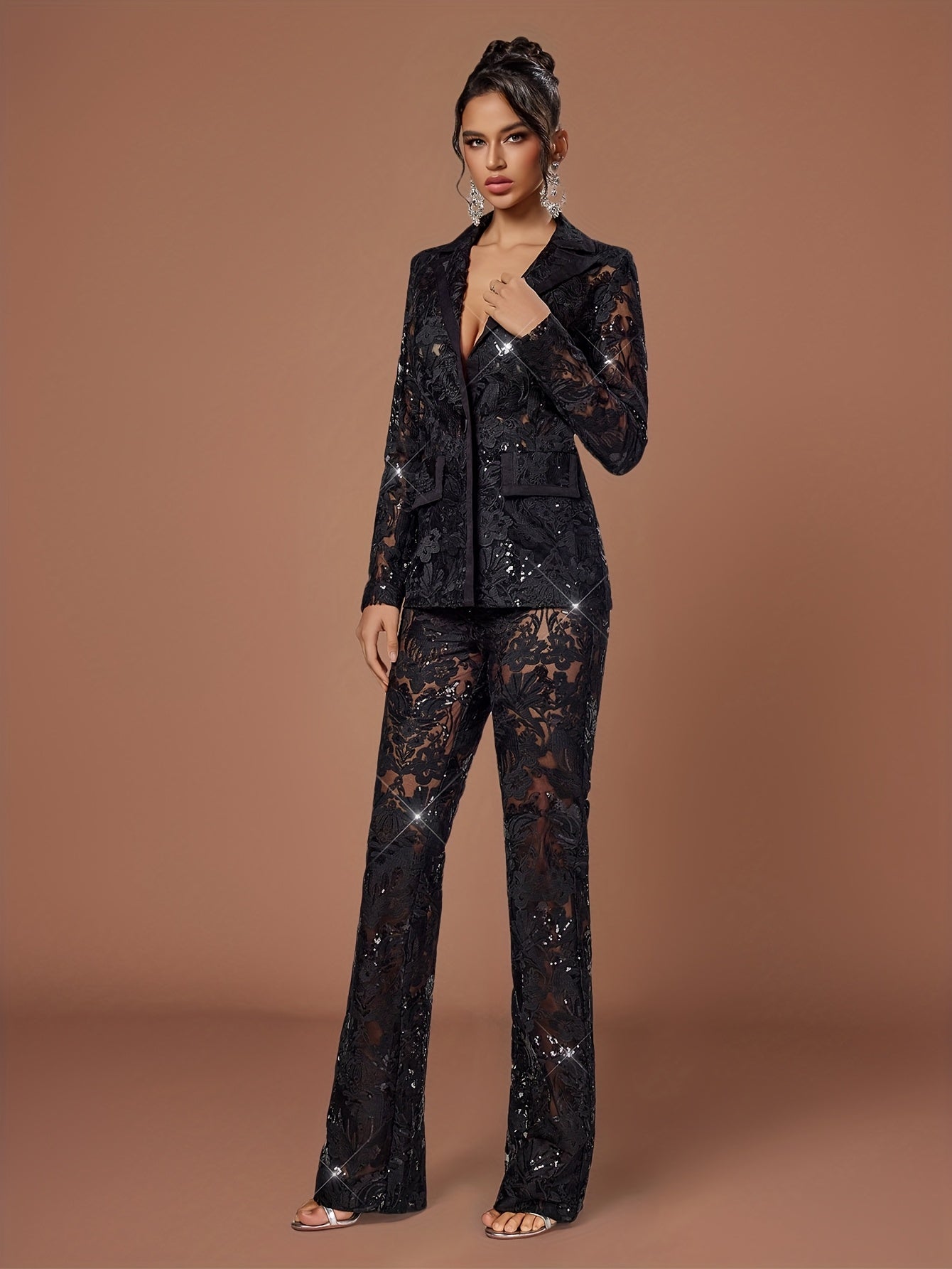 Chic Solid Color Bell-Bottom Trousers Paired with a Sophisticated Lace Suit.
