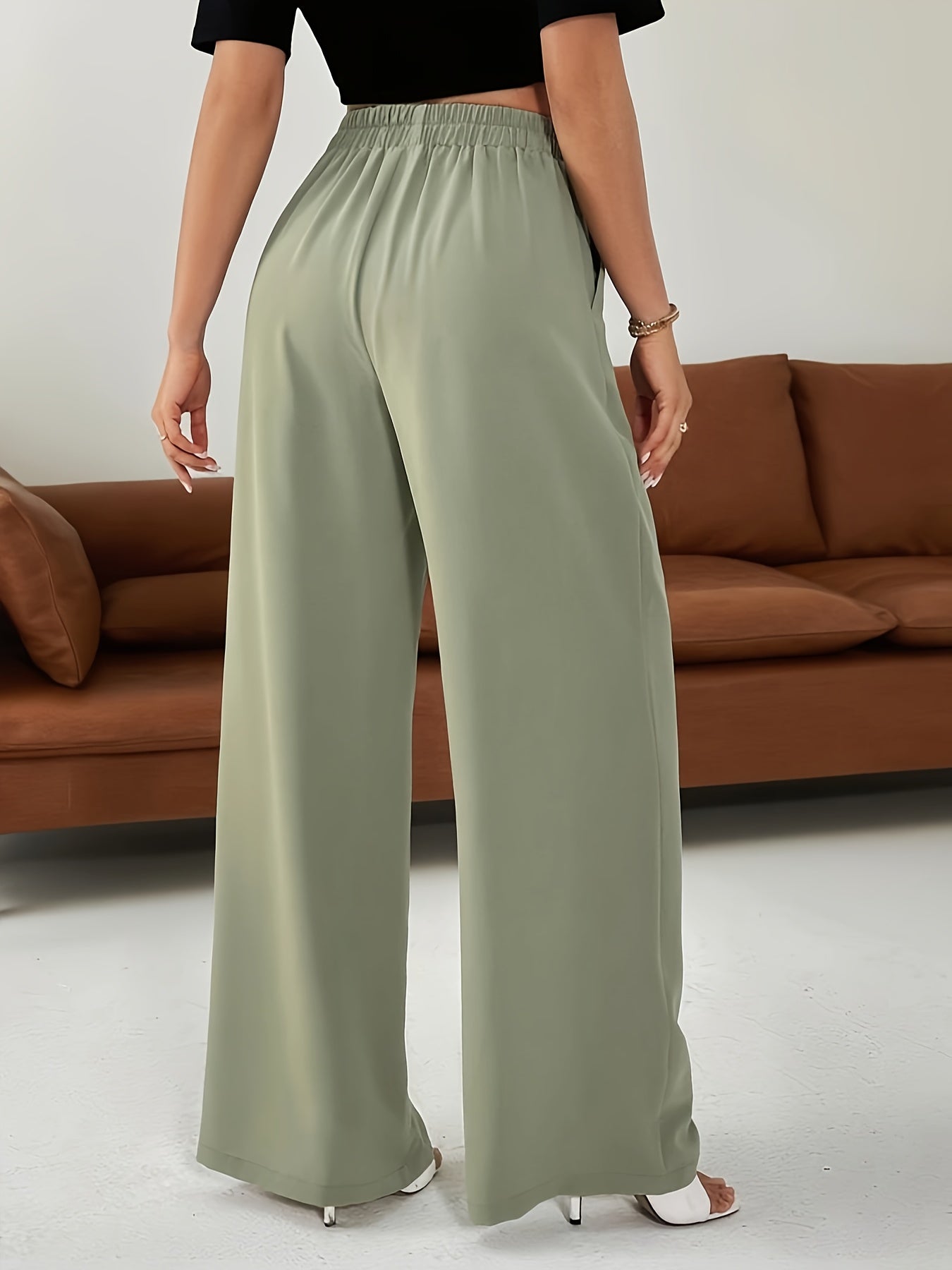 Women's Black & White Striped Elastic Waist Wide Leg Commuter Pants - Mid-Stretch Casual Trousers with Double Pockets, Regular Fit All-Season Comfort, Casual Attire, Medium Stretch Fabric