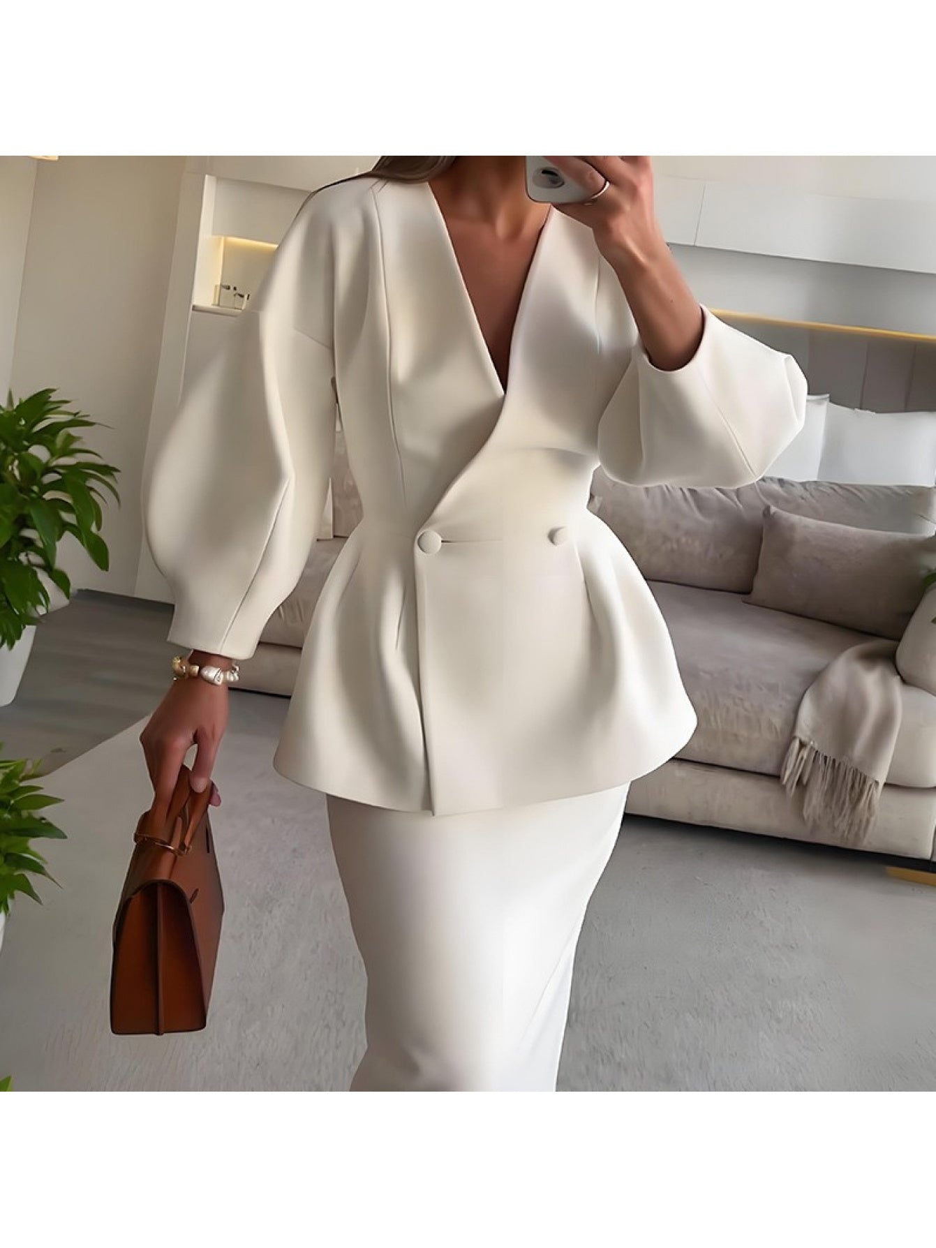 2pcs Women's autumn new suits, fashionable solid color button puff sleeve skirt dress suit