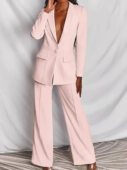 Plus Size, Plus Size - New Plus Size Women's Fashion Professional Suit, Casual Two-Piece Set, Solid Color, Non-Stretch Fabric, Casual Attire|Modern Casual Suit|Polyester Fabric