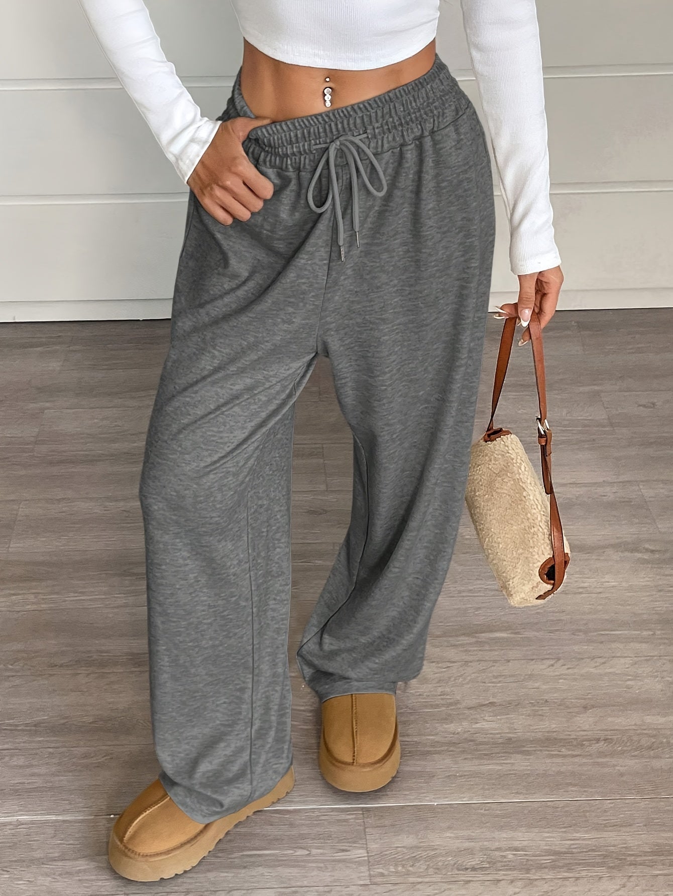 Comfortable Wide-Leg Joggers Comfortable Women's Casual Wide-Leg Joggers | Gray Drawstring Waist, Loose Fit, All-Season Comfort Pants | Medium Elasticity