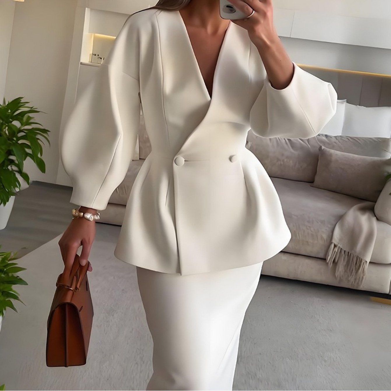 2pcs Women's autumn new suits, fashionable solid color button puff sleeve skirt dress suit