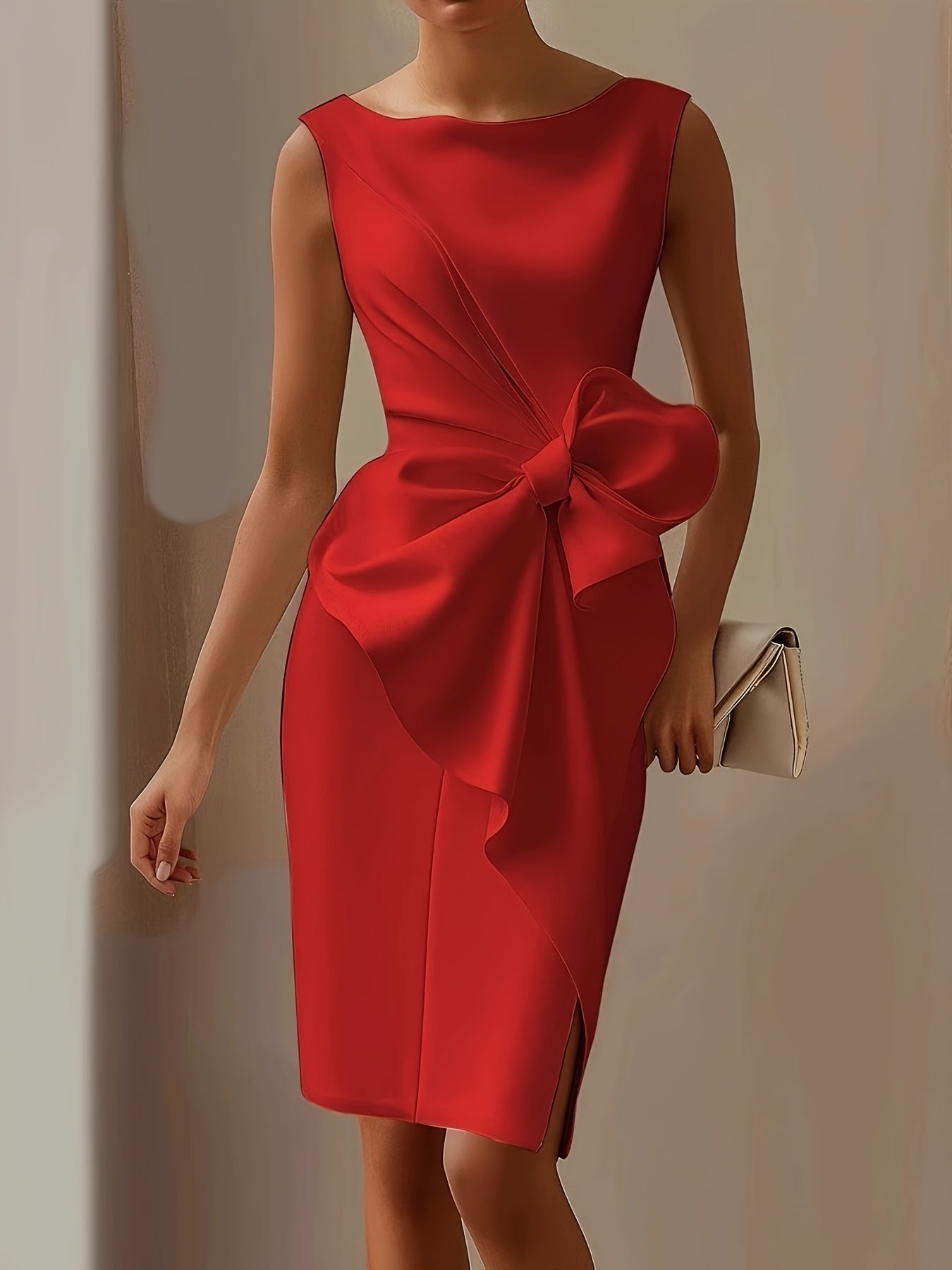 Elegant Bow Embellished Slim Fit Dress Skirt - Sleeveless Crew Neck, Solid Color, Mid-Length, Bodycon Style for Women, Perfect for Formal Events and Special Occasions, Special Occasion Dress | Sleeveless Elegance | Sophisticated Design, Cute Dresses