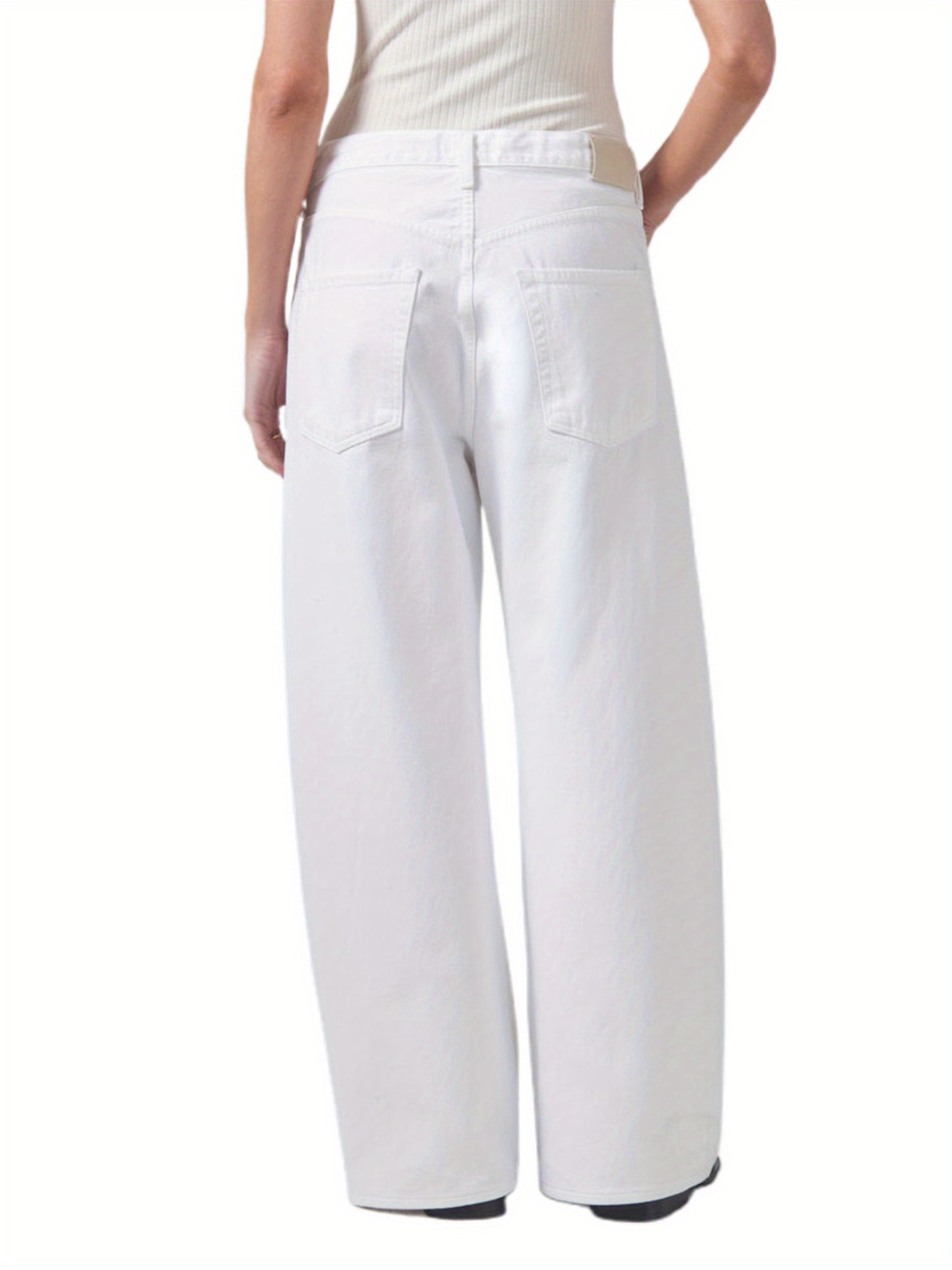 Women's Casual Wide-Leg Denim Jeans with Drawstring Waist and Pockets - Solid Color, Cotton Blend, Machine Washable