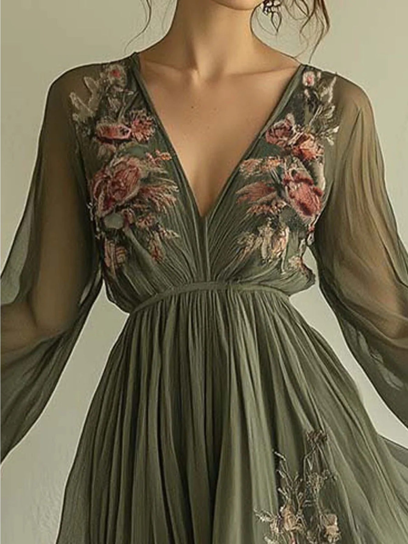 2025 European Women's Fashion Clothing - Digital Positioning Print - Long-sleeved Long-style V-neck Dress - Long Skirt