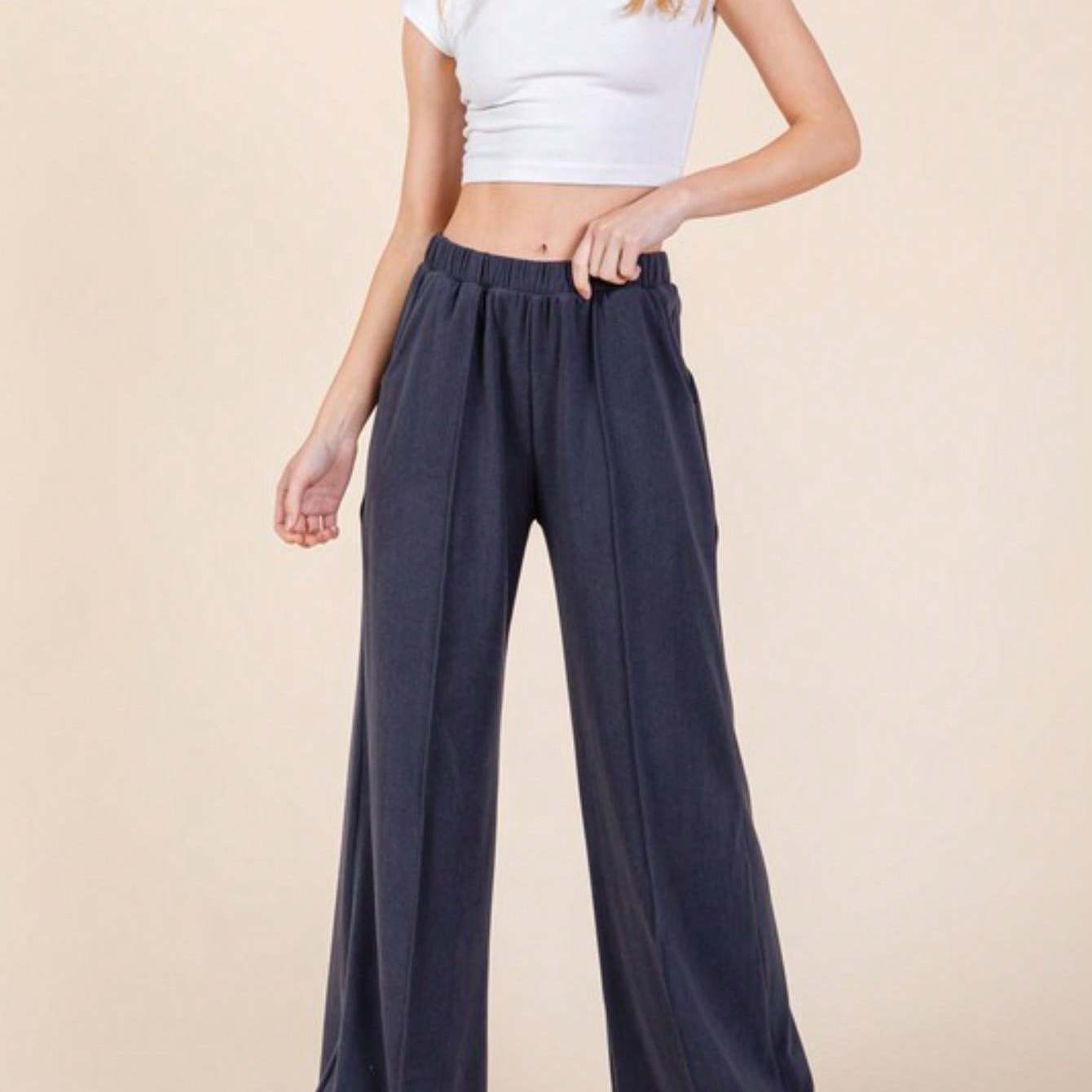 Women's Casual Wide-Leg Pants Essential Elastic Waist Lounge Pants With Pockets Navy Relaxed Fit Elastic Waistband Lightweight Perfect For All Seasons Everyday Wear